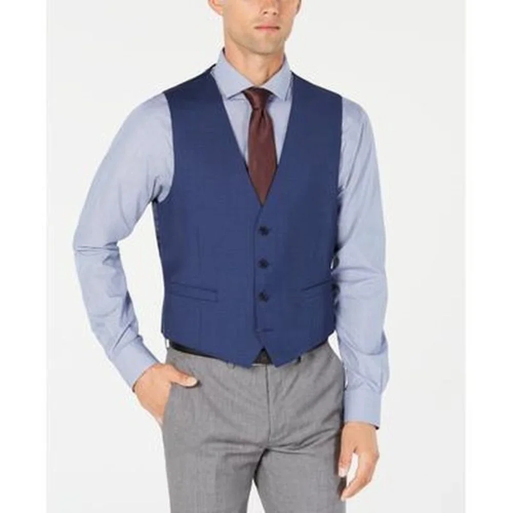 Calvin Klein Slim-Fit Wool Infinite Stretch Suit Vest Men's L Blue Button Front